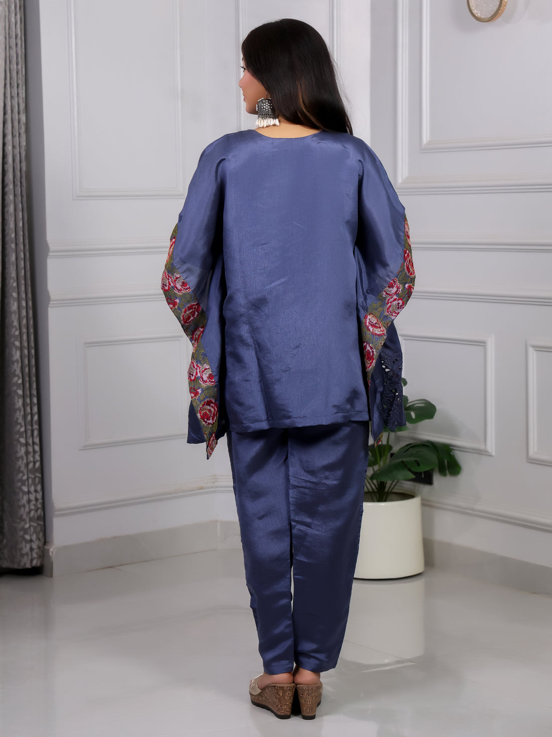 Shakun Navy Blue Silk Kaftan Set