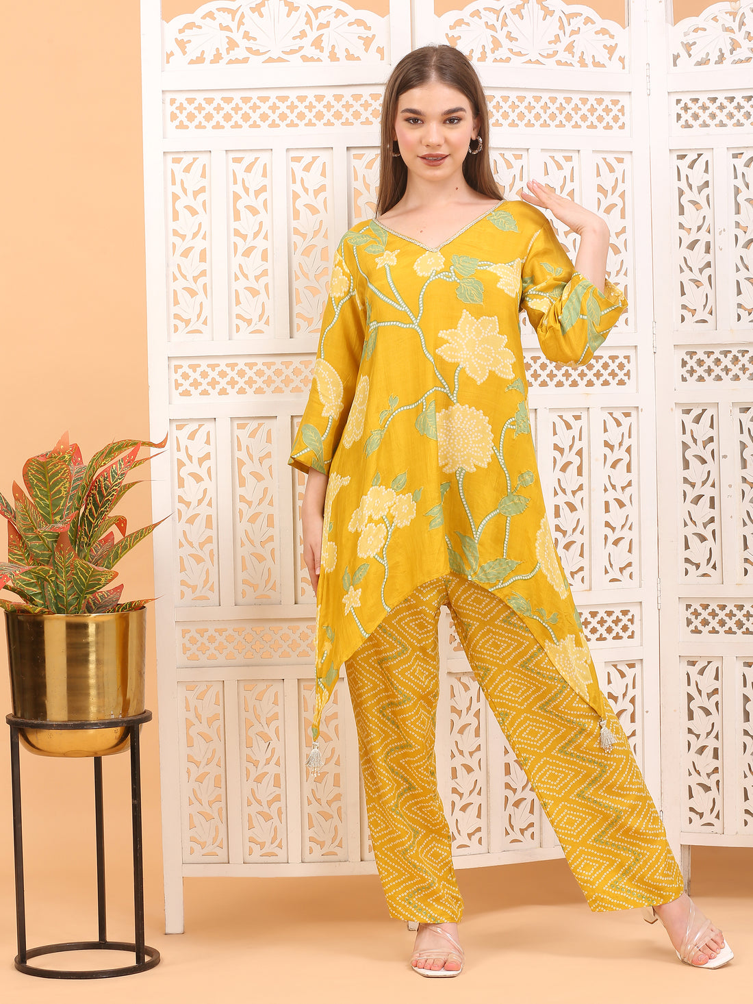 Shakun Yellow Bandhani Kurti set