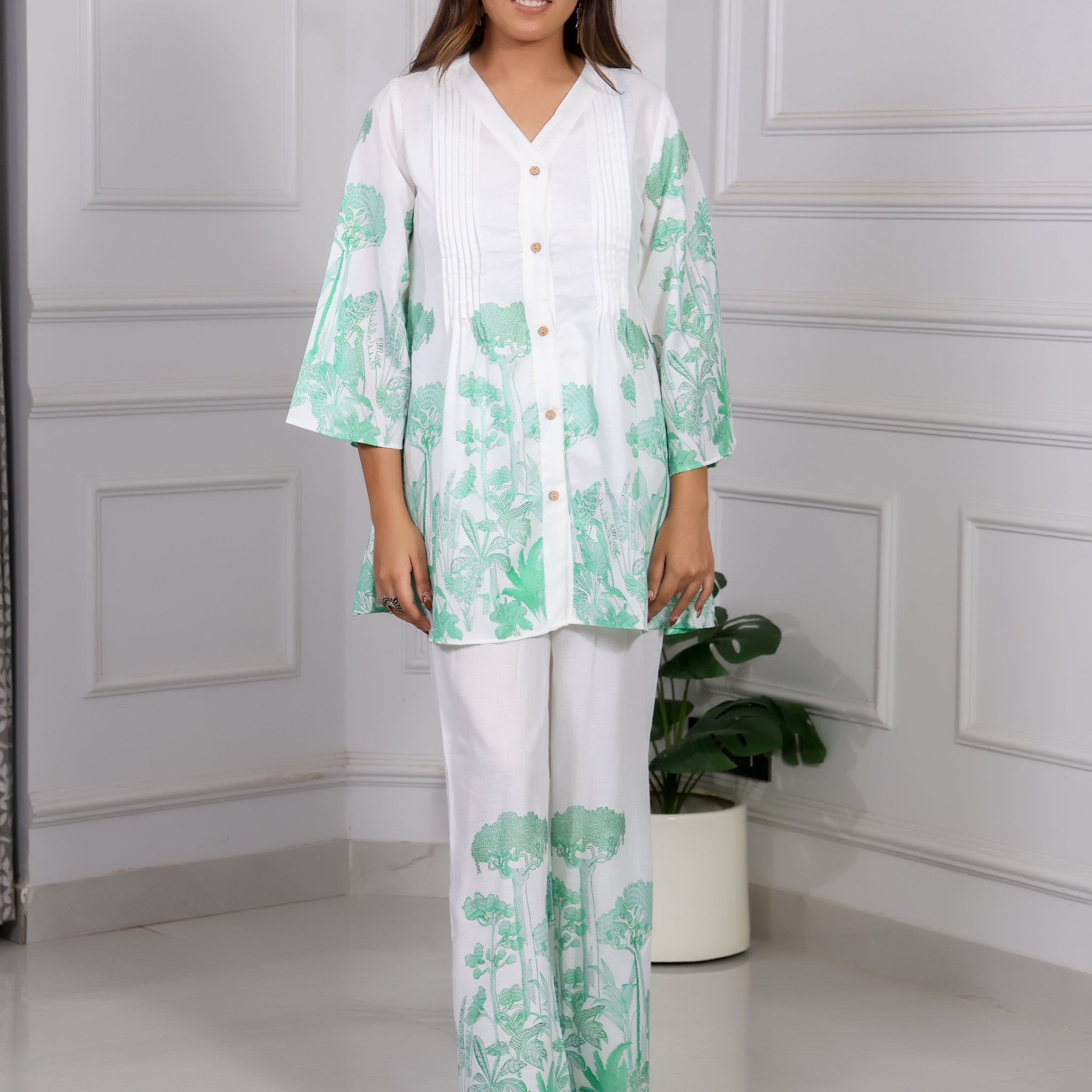 Shakun Green White Cord set