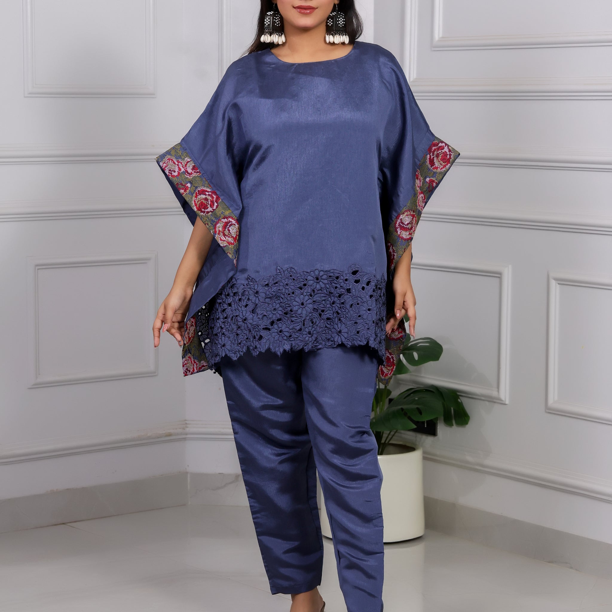 Shakun Navy Blue Silk Kaftan Set