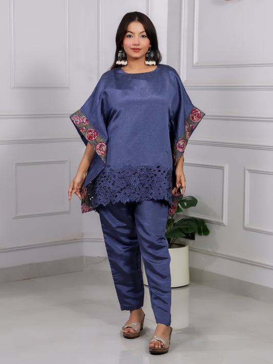 Shakun Navy Blue Silk Kaftan Set