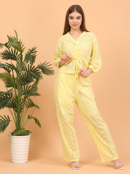 Shakun Lemon Schiffli Cord Set