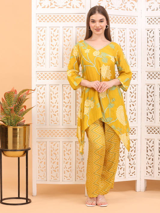 Shakun Yellow Bandhani Kurti set