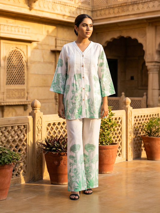 Shakun Green White Cord set