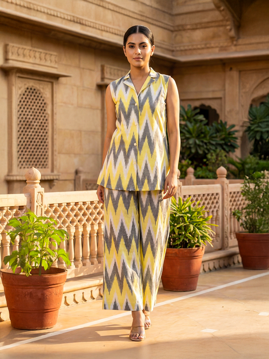 Shakun White yellow Ikkat Cord set